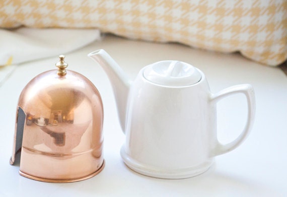 Vintage Porcelain Tea Pot With Copper Cozy Cover Made in Korea