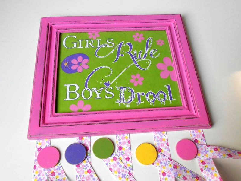 Hair Bow Holder for Girls Hairbows Wood Frame with Girls Rule Boys Drool