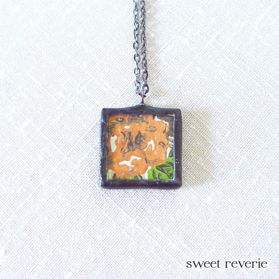 Coral Dusty Orange Rose Autumn Flower and Birch Bark Vintage Wallpaper Pendant Necklace, Soldered Glass, Bridesmaids, Fall Jewelry