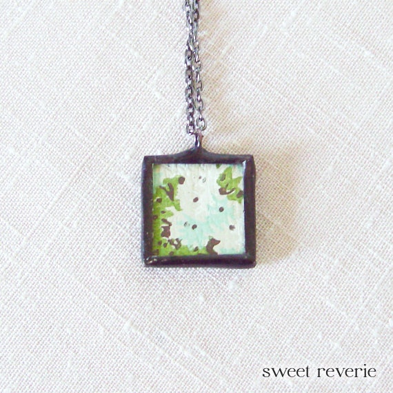 Shabby Blue White Green Pressed Flower and Birch Bark Vintage Wallpaper Pendant Necklace, Cottage Chic, Bridesmaids, Summer Jewelry - asweetreverie