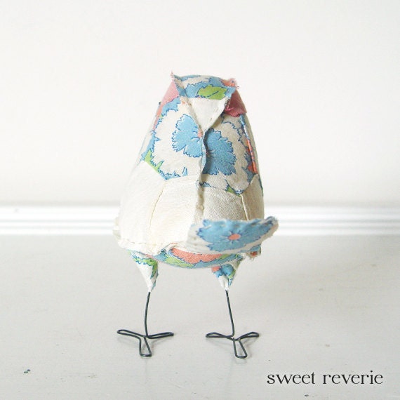 Penny the Soft Sculpture Textile Fabric Bird Softie in Pink Yellow Blue and Green Vintage Quilt