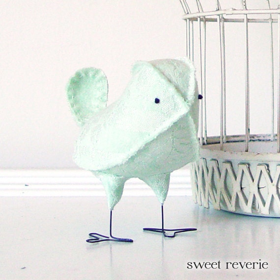 Willa - Fabric Bird in Vintage Soft Mint Green, Wedding Cake Topper Love Bird, Baby Girl Nursery, Spring Winter Home Decor - Made to Order