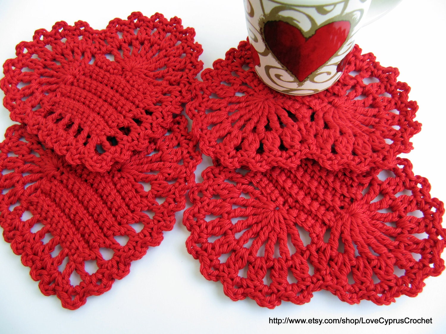 CROCHET COASTERS SET 4 (pc), Valentine Decorations, Drink Coasters Red Heart, Red Decor, Valentine Day Gift, Cyprus Crochet Lyubava