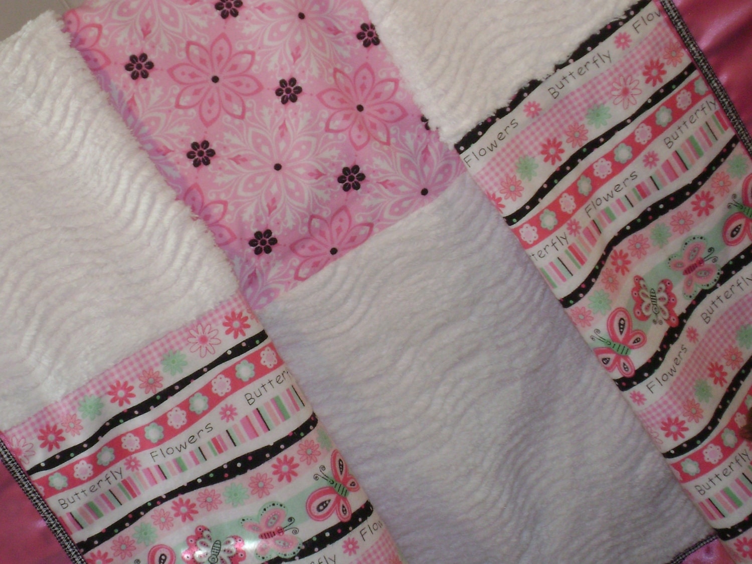 Pink & Black, Butterflies with Flowers, Baby Girl Chenille Blanket
