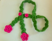handmade flower scarf, spring fashion, women accessories, green and pink, 2012 trend, crochet scarf