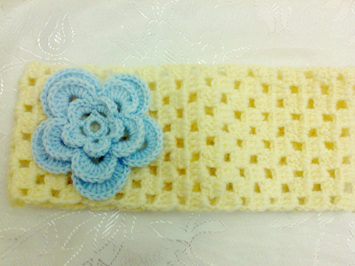 Cream Headband/Earwarmer with Blue Flower, women accessories., holiday gifts.