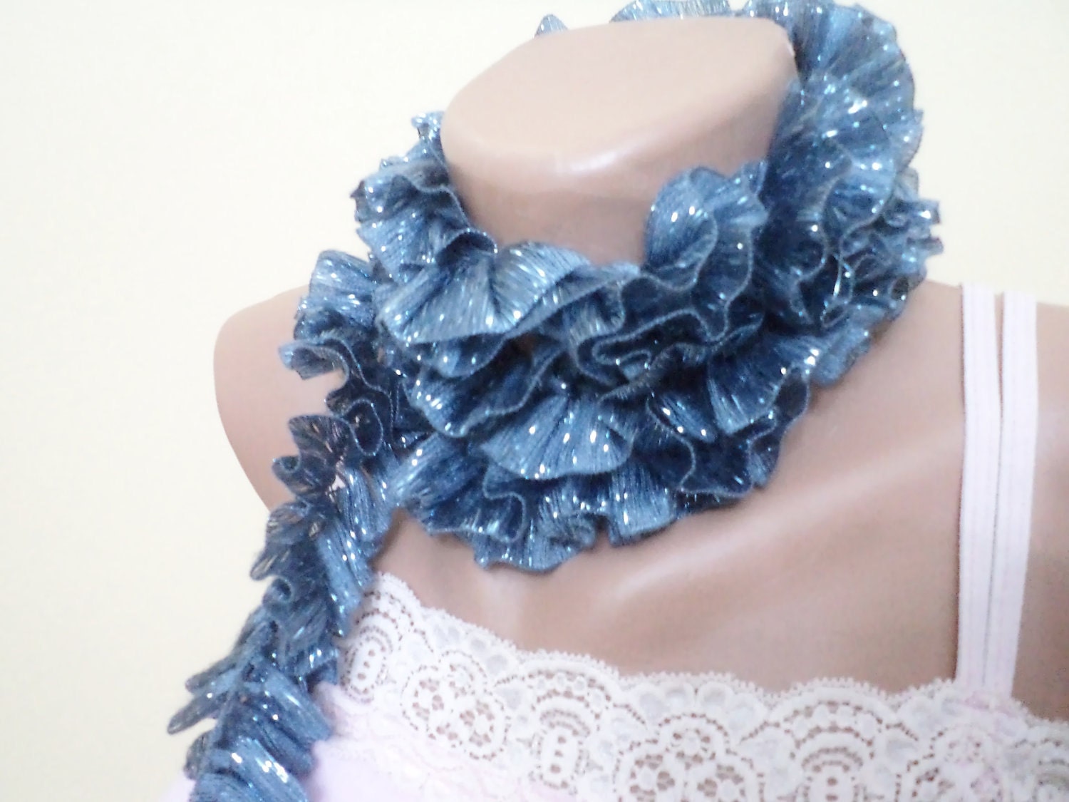 frilly scarf, women accessory, 2013 fashion, dark blue, silvery,sparkles, women gifts.