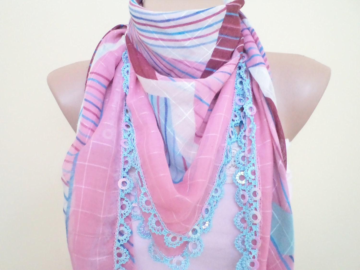 Valentines day gift, Women Fshion, unique cheesecloth, beaded lace, pink, blue, shawl,stylish accessory,thin scarf