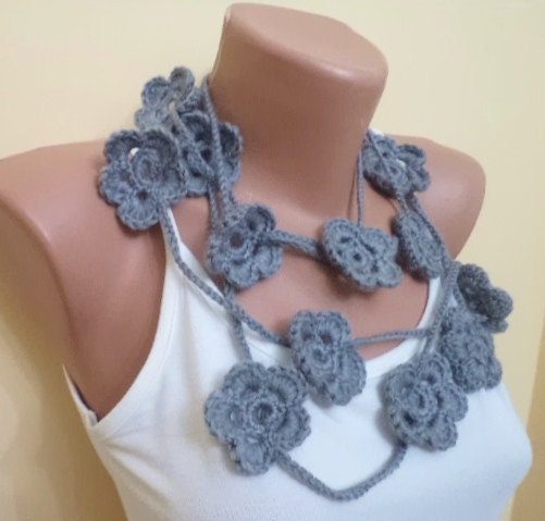 Handmade lariat scarf, flowers. new fashion, grey lariat. mom gifts, scarf, scarves, lariat scarf