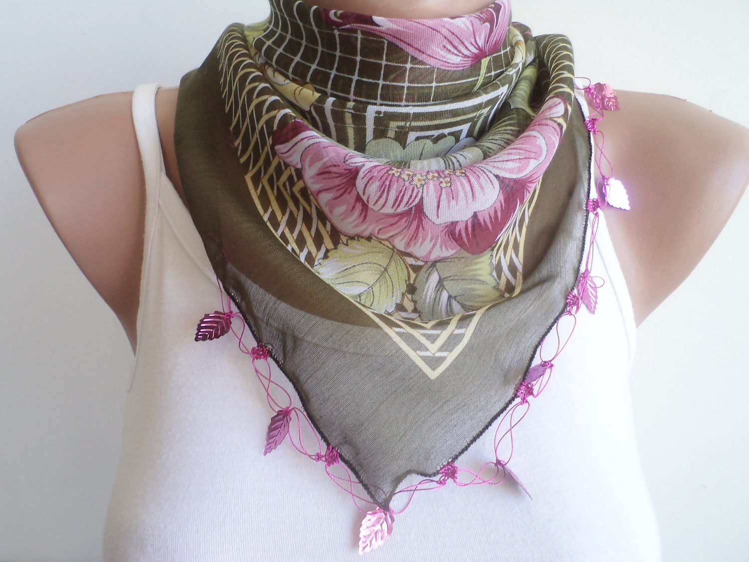 Women scarf, scarves, Scarf, beaded lace, brown, green triangle scarf,stylish accessory ,thin scarf, women fashion