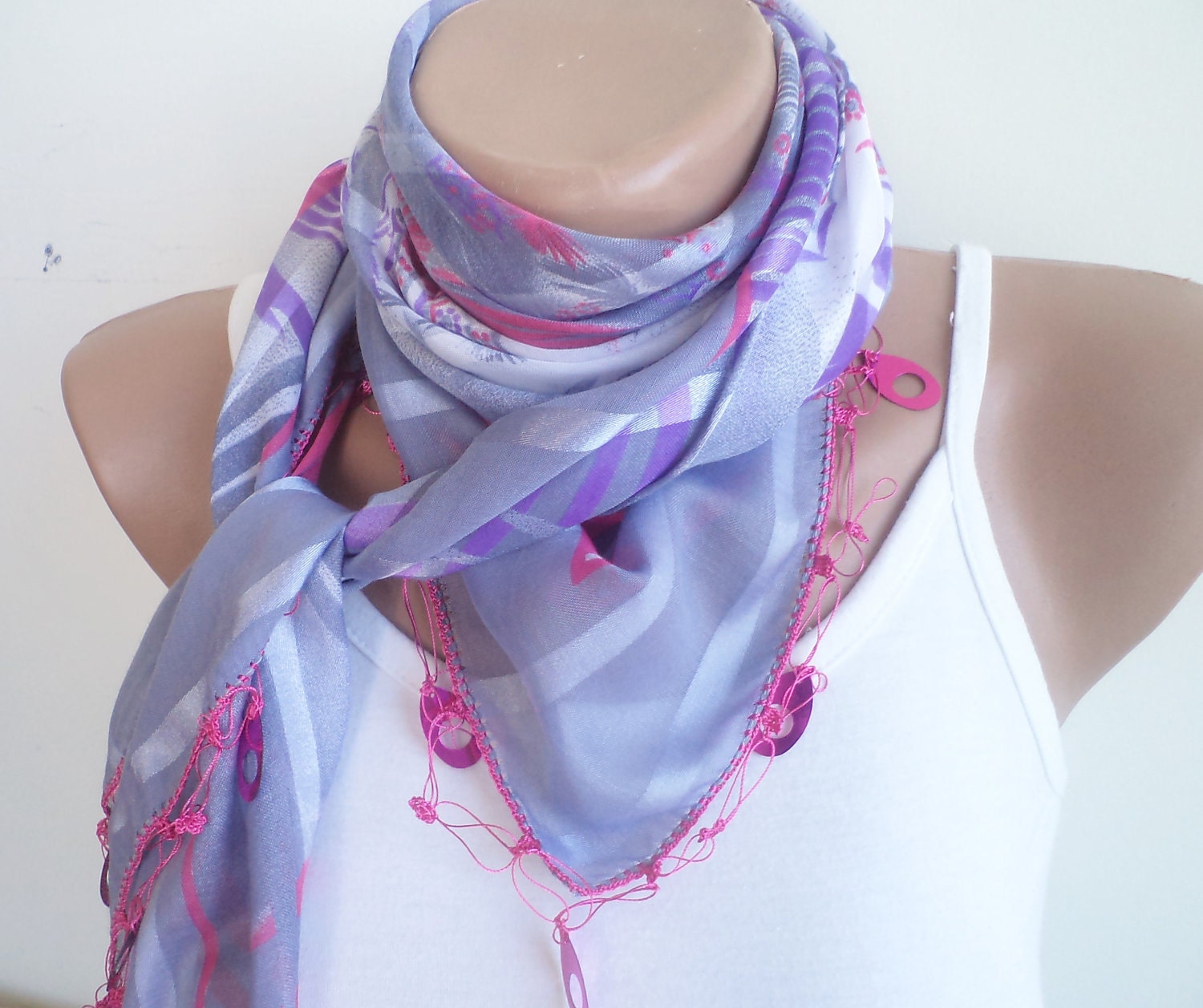 beaded lace, grey, pink triangle scarf,stylish accessory,thin scarf, women fashion