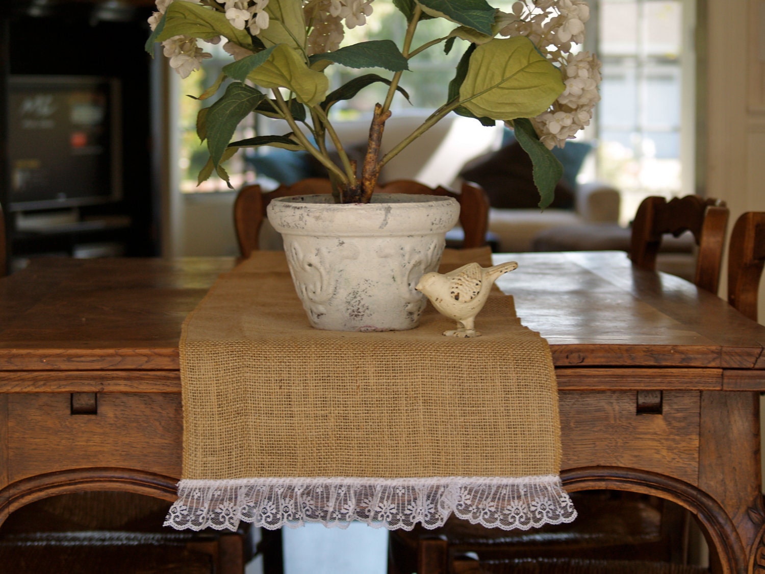 Burlap and lace Table Runner (14' x 72").  Custom Burlap runner, Wedding Decoration, shabby chic, cottage, french country