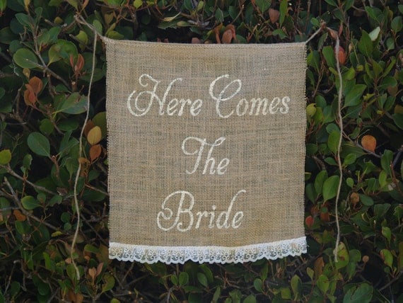 Here comes the Bride burlap banner - Wedding sign -Burlap sign - flower girl and ring bearer- Lace