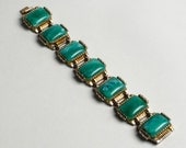Navajo Style Green Stone & White Metal Medallion Link Bracelet, womens vintage jewelry 1960s - 1970s