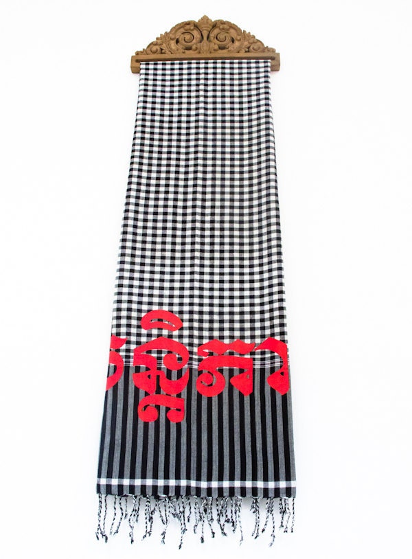 PEACE in Khmer--Black Hand Woven Long Cotton Cambodian Style Scarf--Krama--26" x 75"--65cmx190cm--silk screen--
