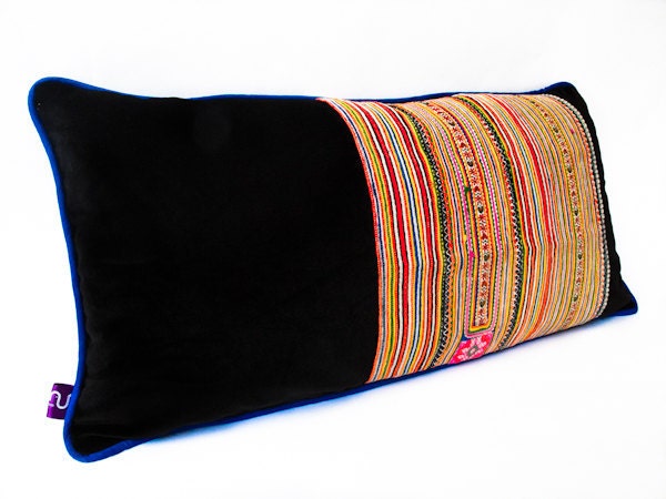 Black Velvet "Sapa" Pillow -- Designer Decorative Pillow -- Accent Pillow 14''x24''---30cmX60cm