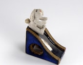 Slippery Bunny Slide, OOAK tiny ceramic sculpture, original for fairy garden or dollhouse   garden miniature   Blue   Chrome