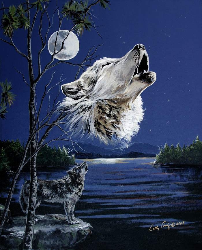 Wolf art notecards,  4 pack with envelopes (blank inside), White wolf howling at moon