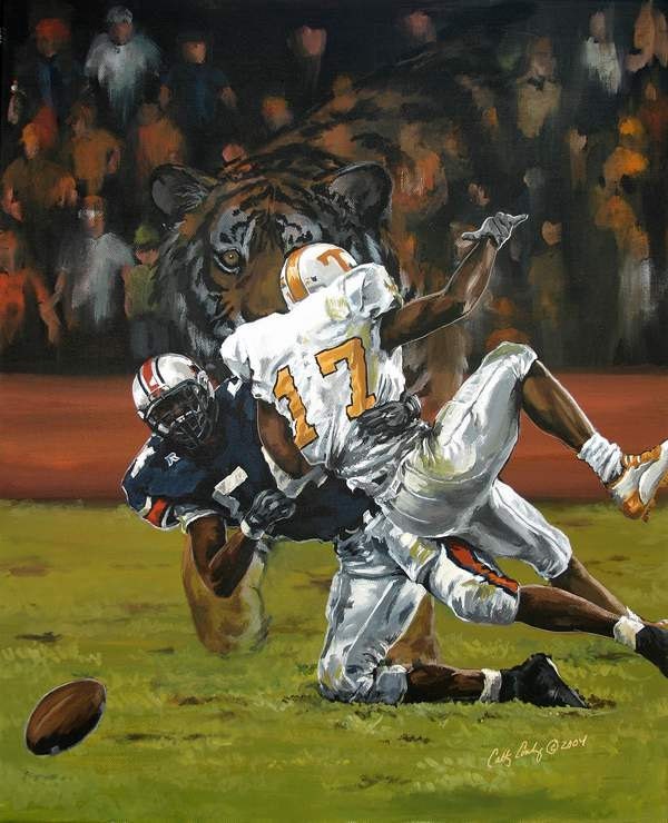 Tiger Football Blue and Orange fumble Tiger image action reproduction Artist Cathy Cooksey