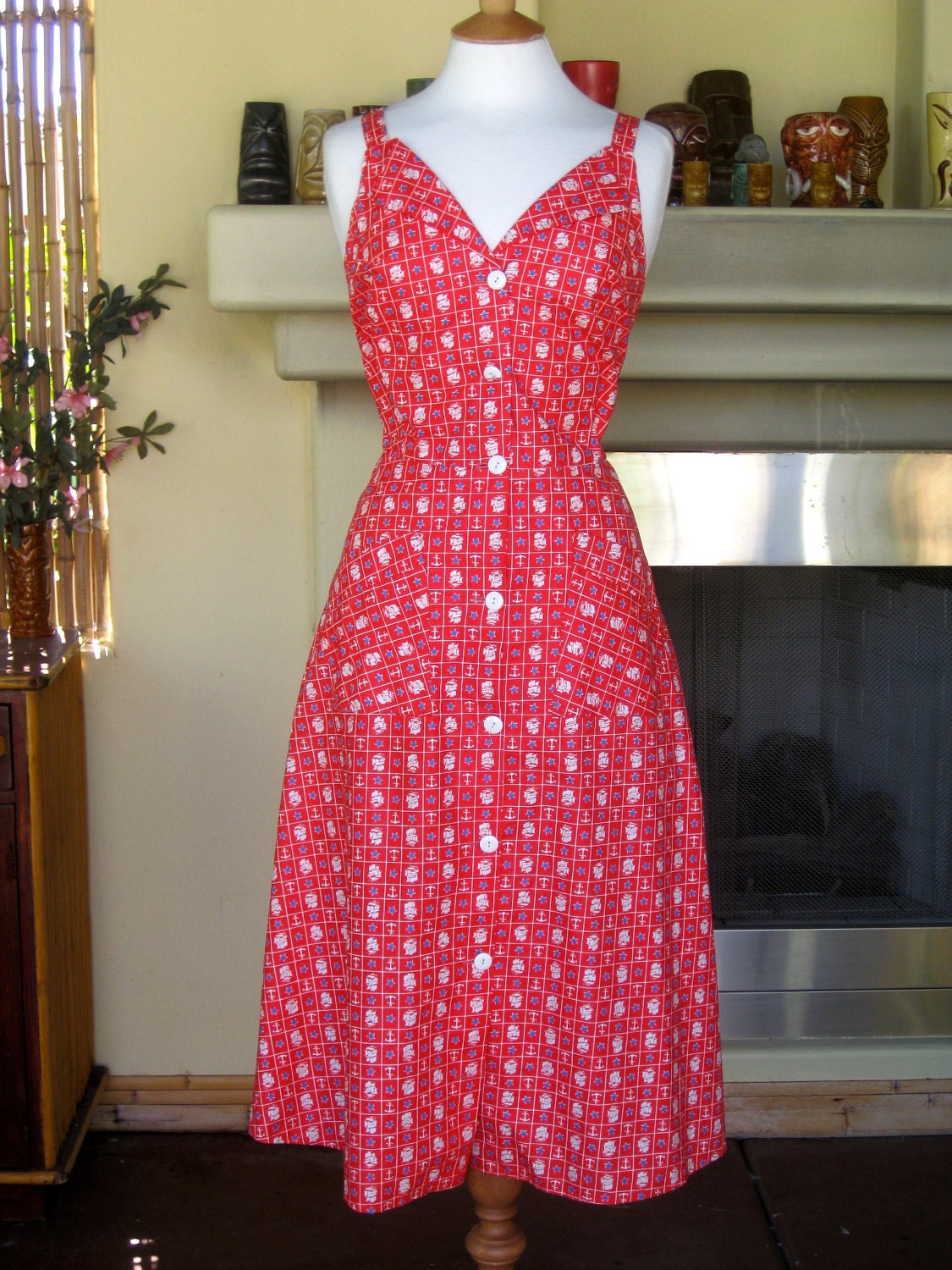 1950s A-Line Cotton Dress Anchor Stars & Stripes