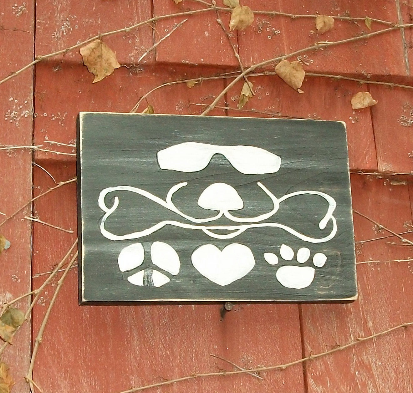 Peace Love Dog Sign, Plaque, Cool Dog Duke, Pet Gift, Primitive, Distressed Wood, Paw Print, Heart, Beware