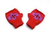 Fingerless Gloves Toddler Red with Purple Flower Knitted Mittens