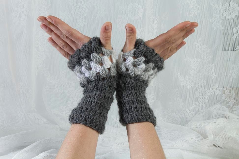 Crochet fingerless gloves , fingerless mittens , grey gray white free shipping