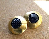Vintage Brasstone Earrings, Round Metal Clip-on Earrings with Dark Blue Ribbed Center
