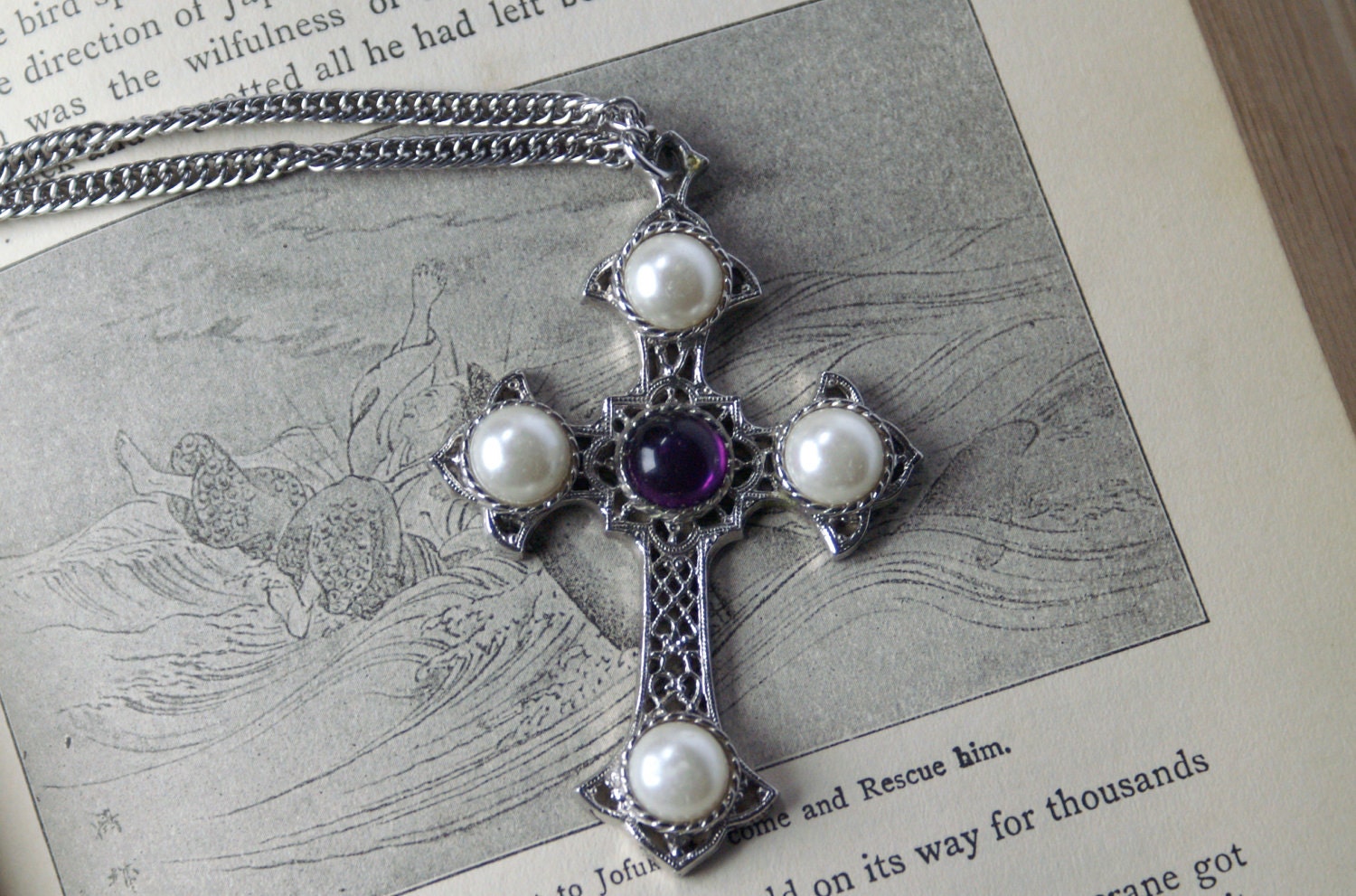 Vintage Cross Necklace Sarah Coventry Silvertone Filigree Large Pendant & Chain Faux Pearls and Amethyst Cachobons - Medieval/Gothic Look