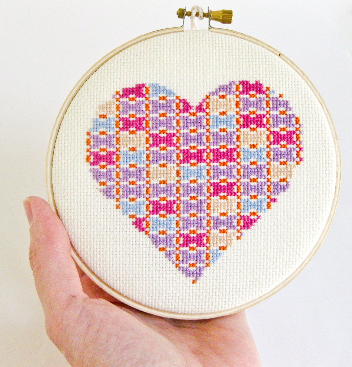 Patchwork heart cross stitch pattern PDF - pink, purple, orange, and blue