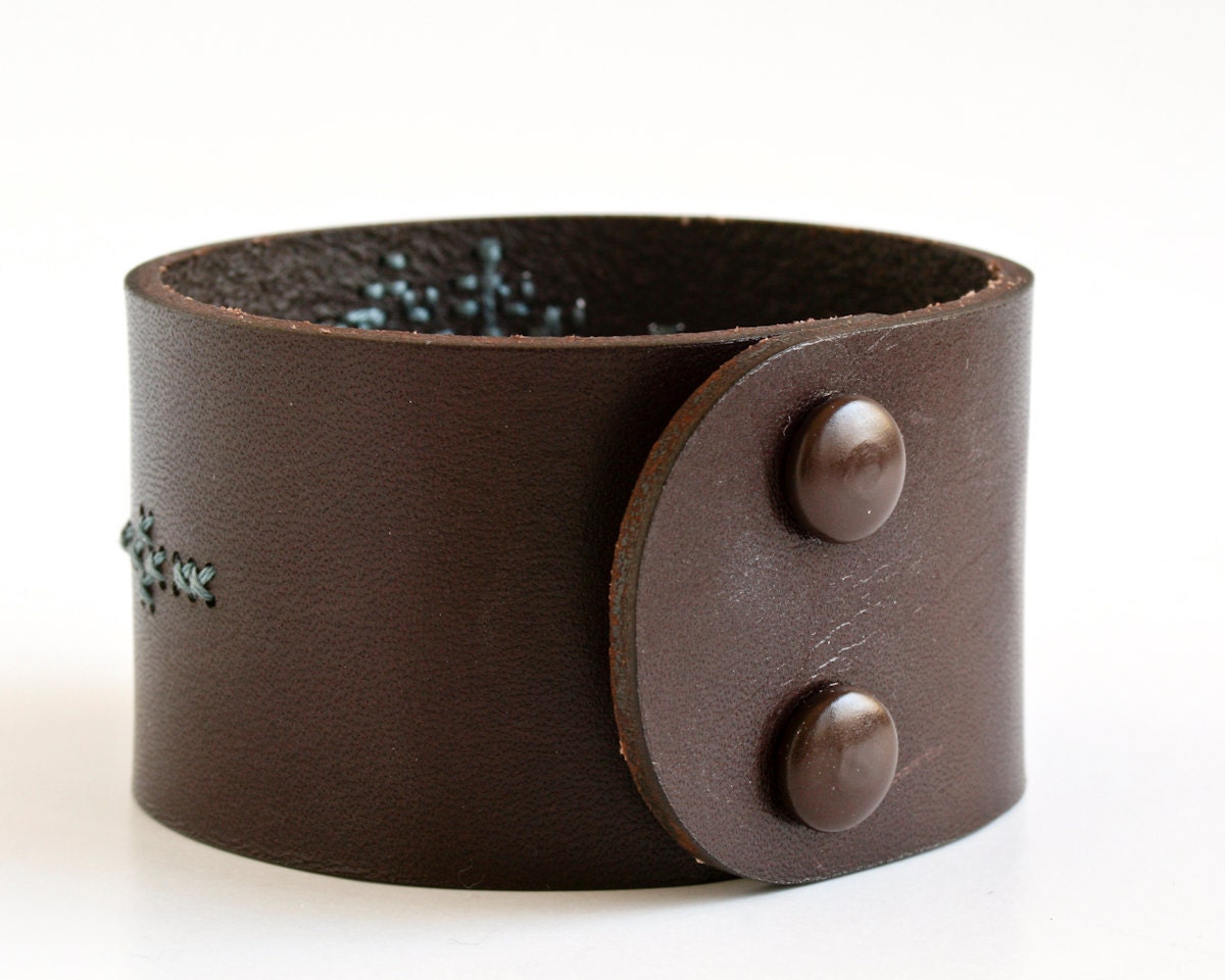 DIY Kit - Cross Stitched Leather Cuff, Dark Brown Leather with Abstract Flower Design
