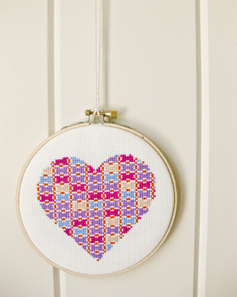 Patchwork heart cross stitch pattern PDF - pink, purple, orange, and blue