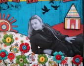 Custom Mixed Media Art Block  Using Your Own Altered Photo. Pattern Paper, Sewed Buttons,Wood Little House, 20 x 20cm EGST