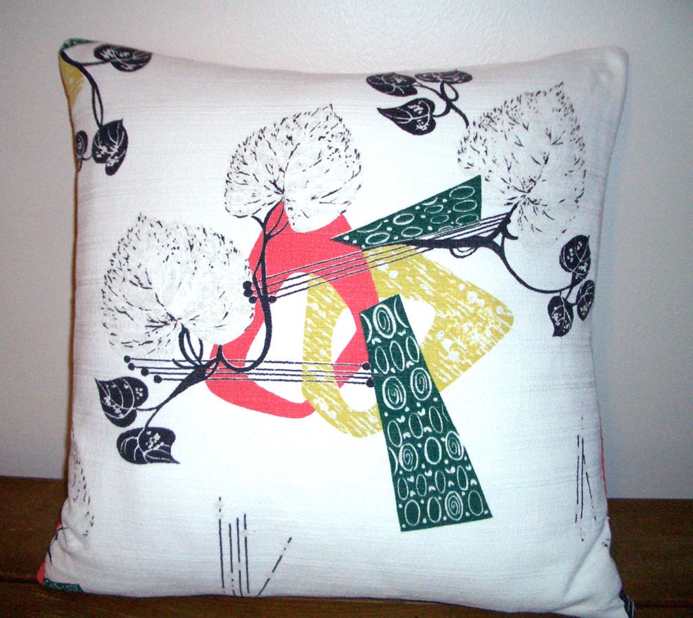 SALE  Mid century Modern barkcloth 18" sq pillow cover -  Eames era atomic print   White with salmon and green
