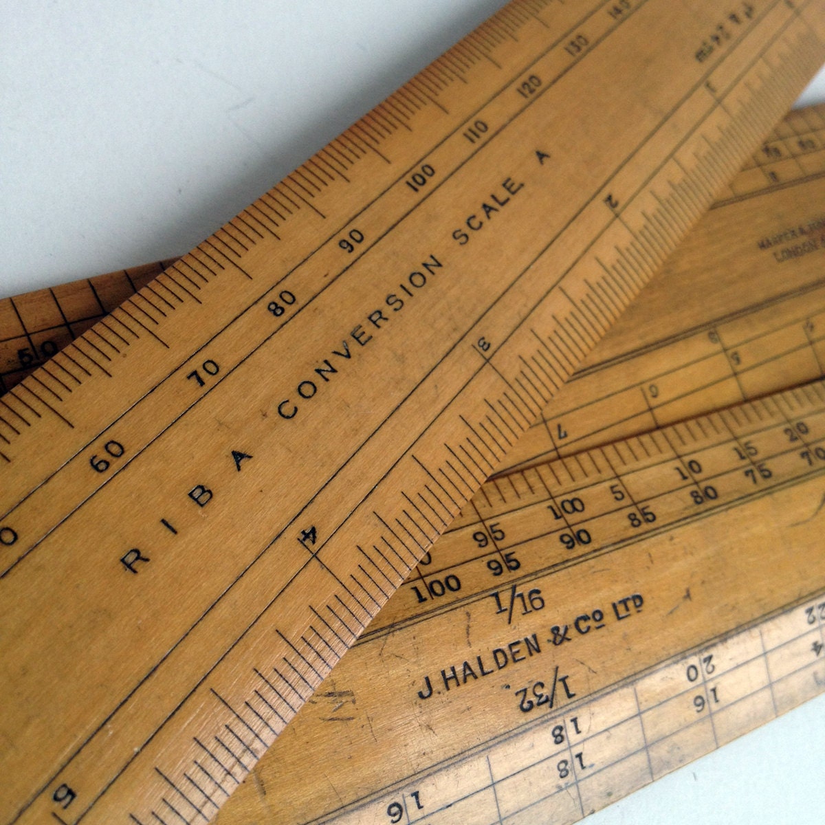 3 vintage wooden rulers with great patina with cm and scale conversion - vintagecuriosityshop