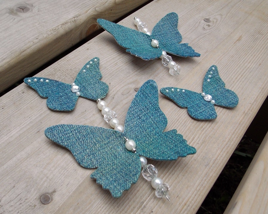 Handmade Denim Butterflies - Scrapbooking Embellishments - Card Embellishments - Pack of 4