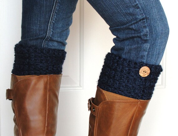 Crochet Boot Cuffs in Navy Blue w/ Button