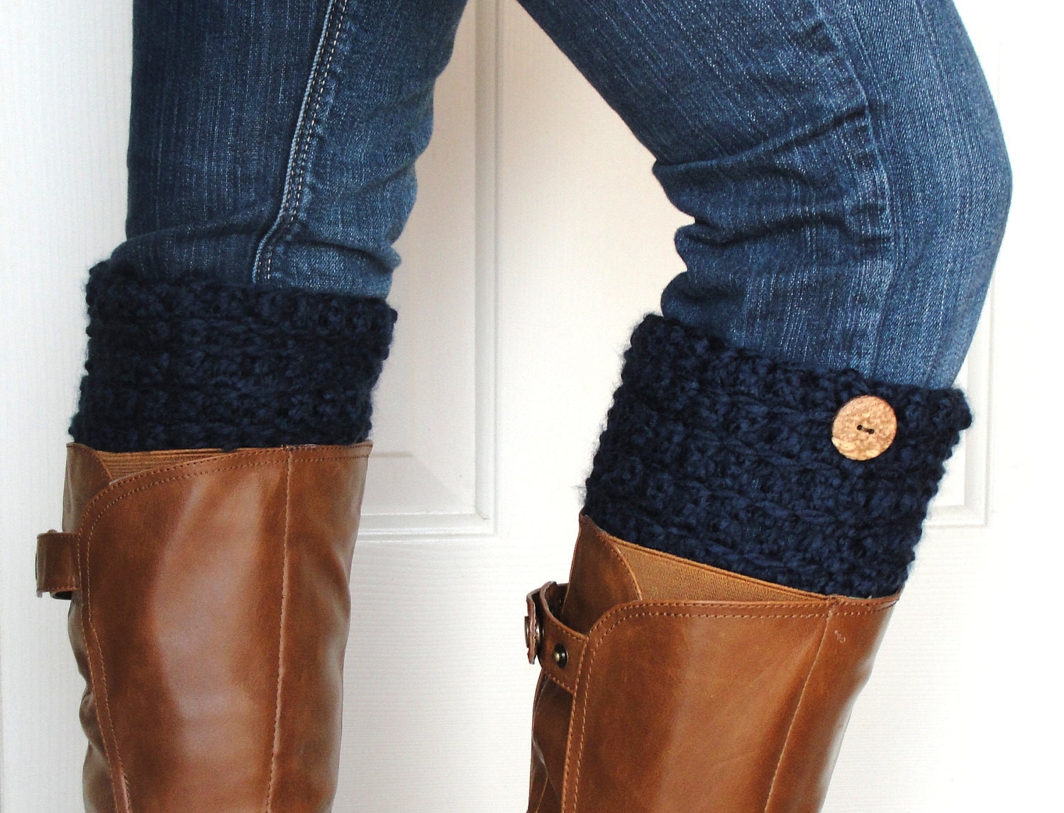 Crochet Boot Cuffs in Navy Blue w/ Button