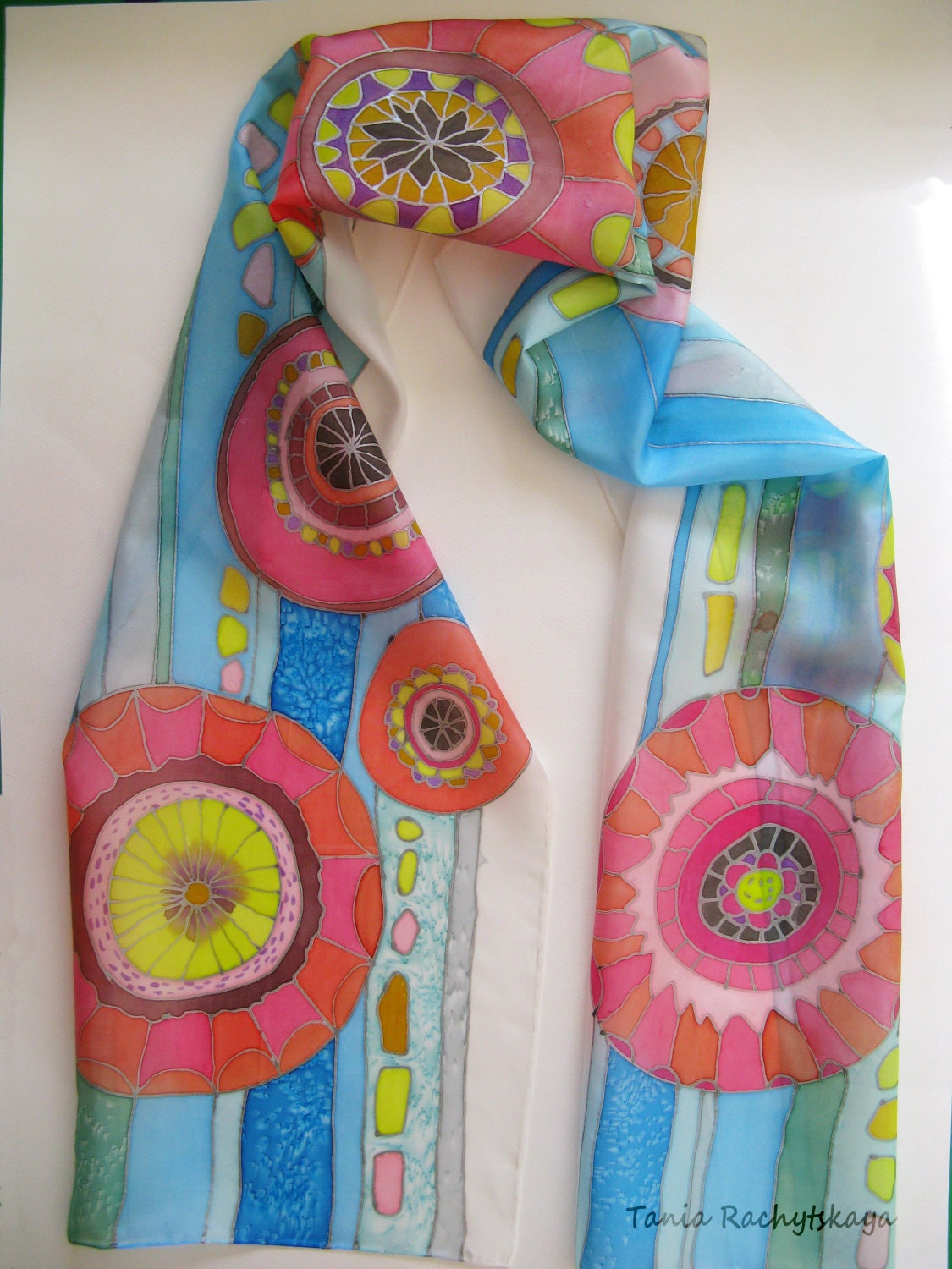 Hand painted silk scarf. Flowers. Unique. Original. Luxury Soft scarf. Multicolor--Red Lime Blue Grey Green Turquoise Purple. 70'' x 14''