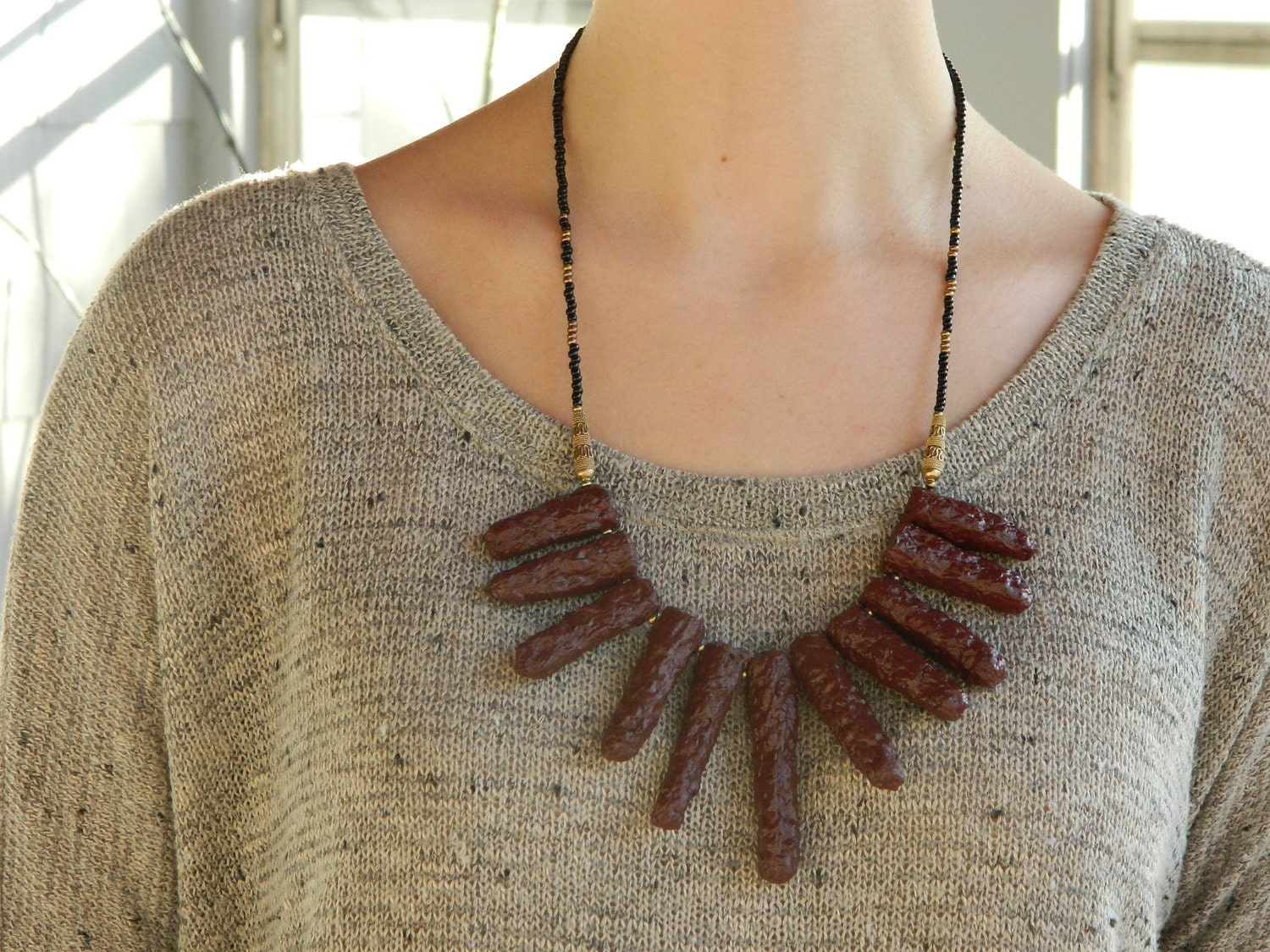 The Fairy Chimneys tribal necklace - deep burgundy, brass beads and black seed beads