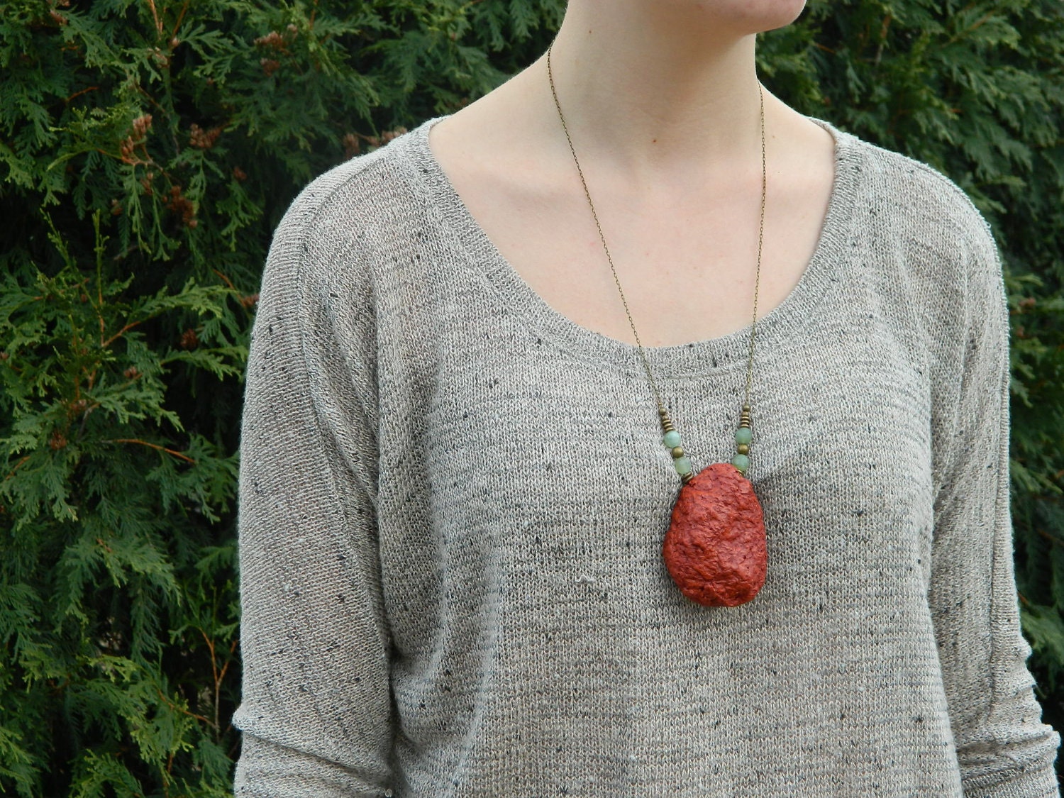 Single Sedimentary necklace- in muted red, jade, on brass chain