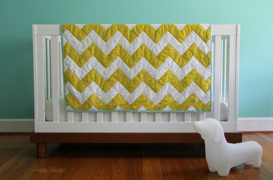 LARGE yellow dots chevron zig zag blanket with aqua herringbone binding