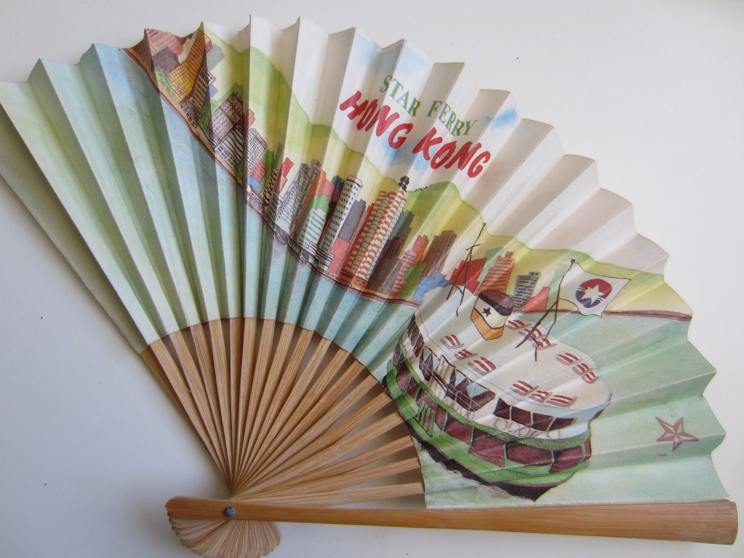 Vintage Chinese Paper Fan Tramways Hong Kong