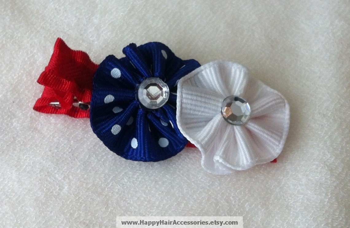 4th of July Hair Clip Petite Yo Yo Flower Bow Barrette w/ Rhinestones - Red, White Blue - Polka Dot, Ruffle - Fourth Patriotic