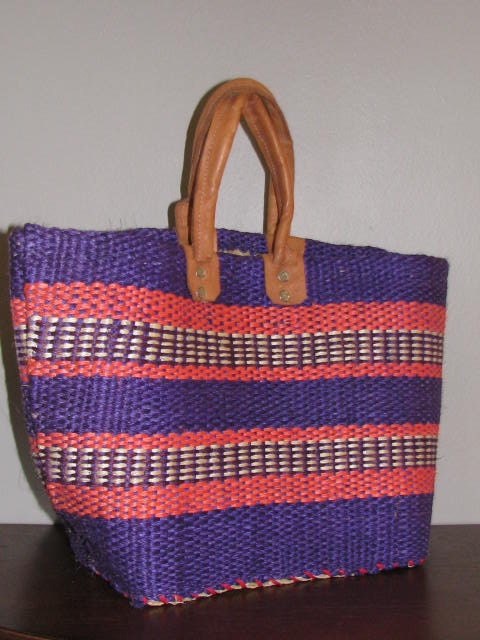 Vintage 70's Woven STRAW Purse Tote Bag // Orange PURPLE Striped LEATHER Straps Handmade