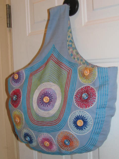 Weekend by the Bay //  HANDMADE Colorful HOBO Bag Purse Tote Boho Embroidered Button Flowers Blue Strawberries