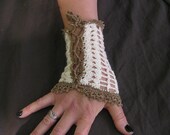 FINGERLESS GLOVES, Crochet, White, Brown, Gothic Victorian Wedding Mitts, Lolita Bridal Fishnet Hand Warmers, Summer Gloves, Ribbon Lace