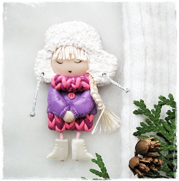 Cute Little Brooch Girl in fur cap