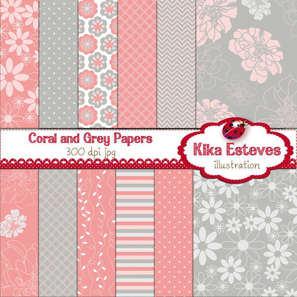 Coral and Grey Digital Papers - Digital Scrapbooking - card design, invitations, background, paper crafts, web design - INSTANT DOWNLOAD
