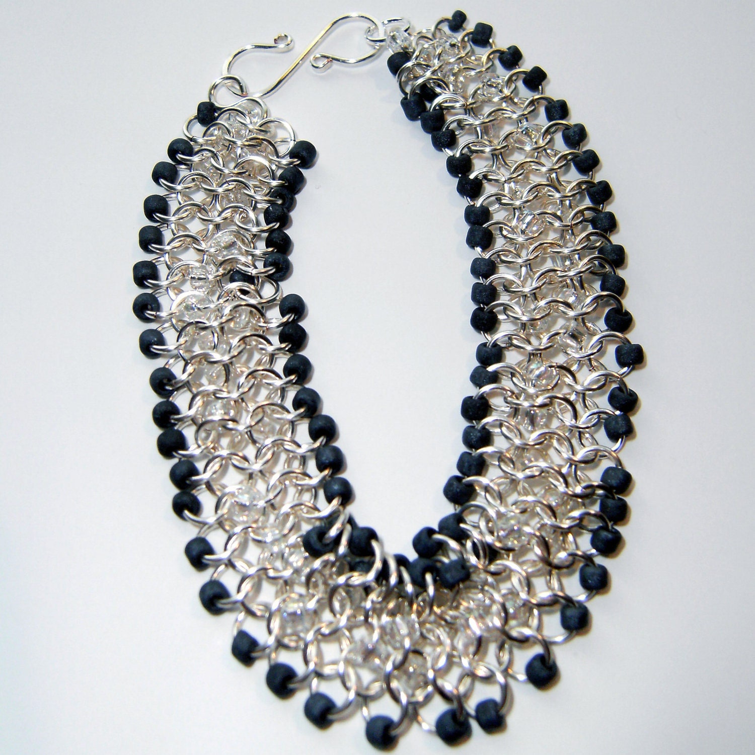 Chainmail bracelet with black and crystal seed beads